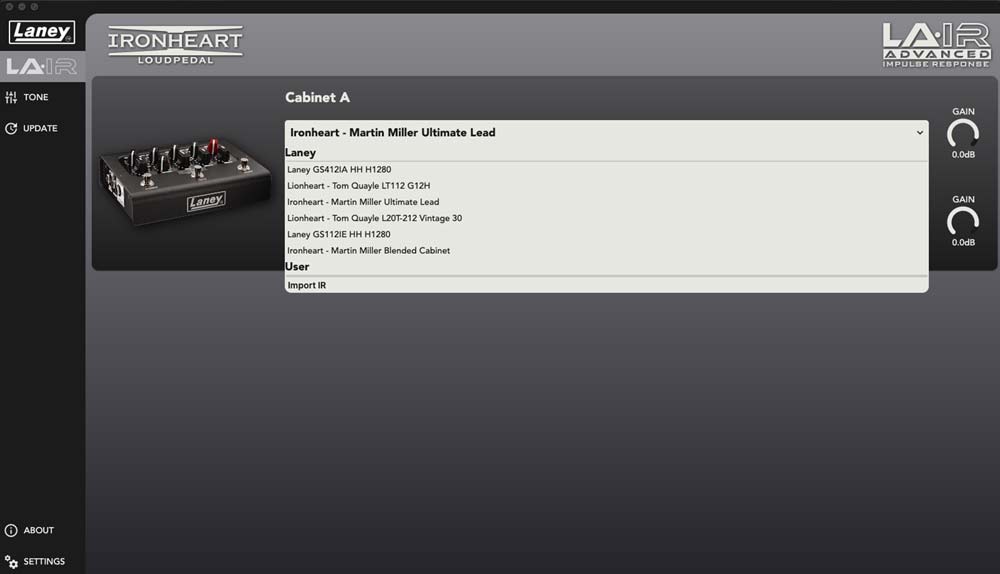 IR options on the Laney LA•IR app